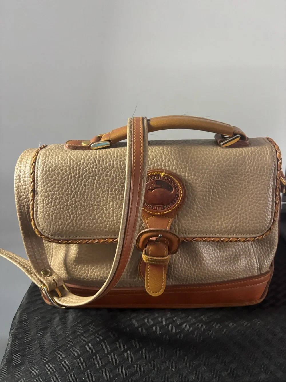 Vintage Dooney & Bourke All-Weather Leather taupe and British tan handbag
